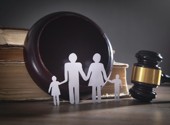 Paper cut family, judge gavel and book. Family Law